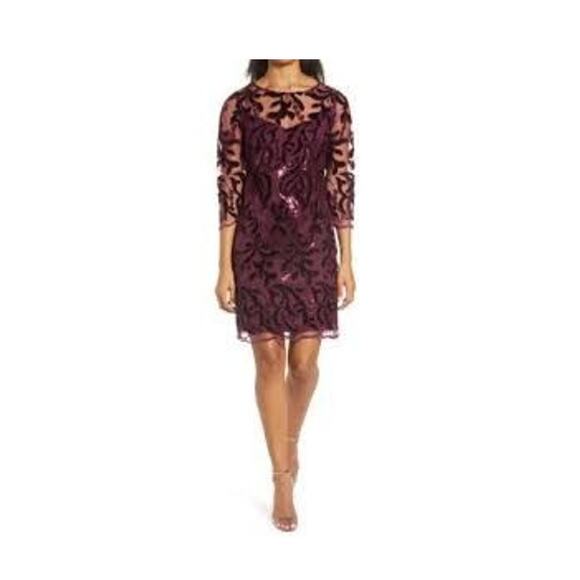 Donna Ricco Dresses & Skirts - Donna Ricco Dress Sheath Velvet Embroidered Sequin Mesh Wine Size 8 Bordeaux
